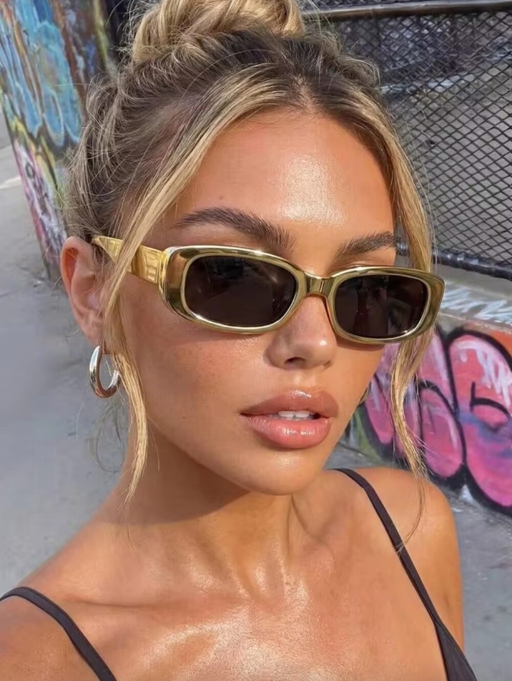 Women’s Gold Rectangular Sunglasses with Dark Lenses